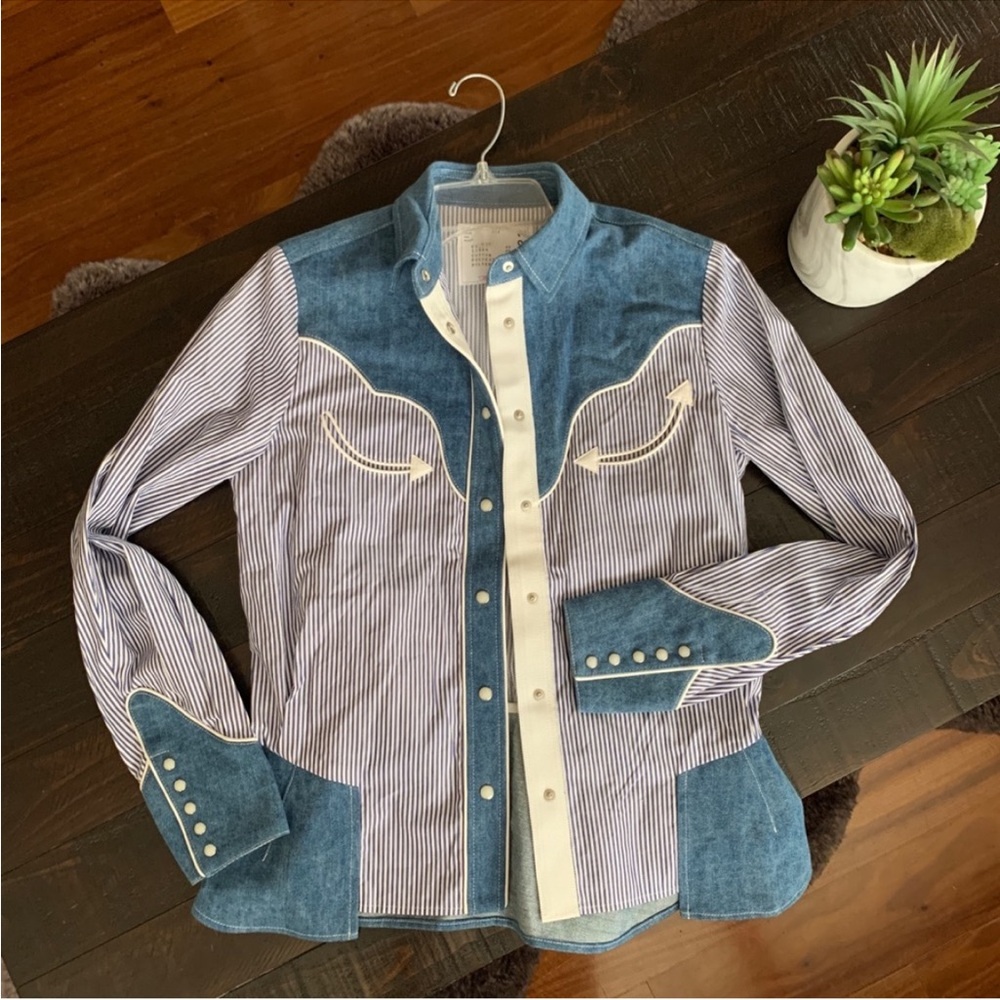 Sacai Blue and White Striped Western Button Up Shirt